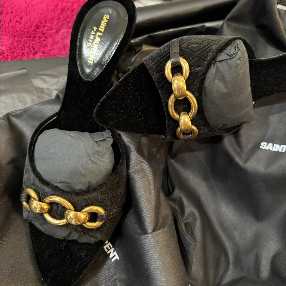 Saint Laurent Black Velvet Mules with Gold Chain Accent - Picture 2 of 9